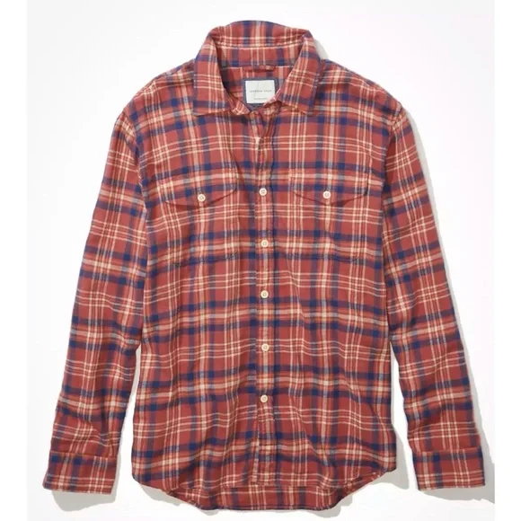 American Eagle Men’s Super Soft Rust Beach Flannel Long Sleeve Shirt Size Medium - Picture 2 of 11